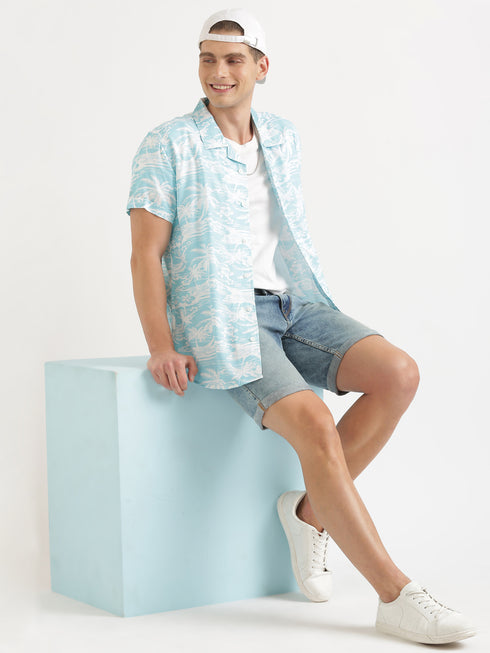 Blue & White Printed Short Sleeved Resort Shirt