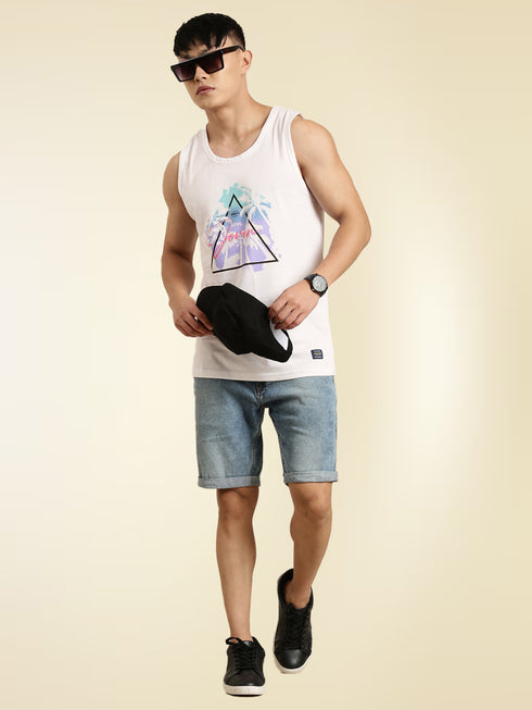 White Printed Crew Neck Tank Top