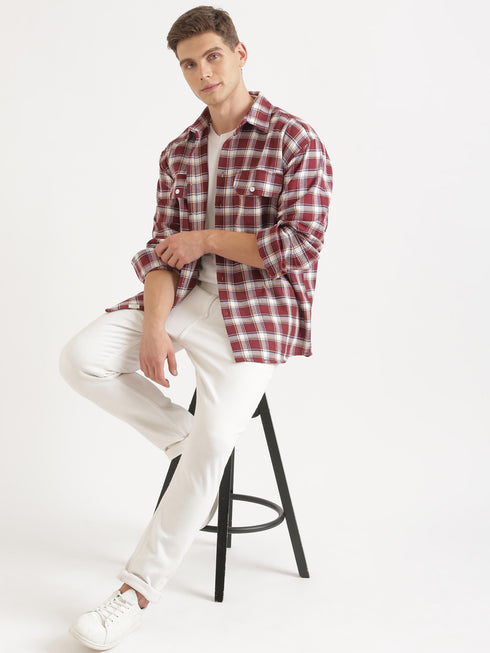 Red & White Checked Full Sleeved Oversized Casual Shirt