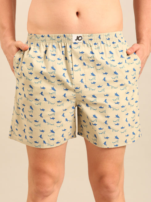 Beige with Shark Printed Cotton Boxers