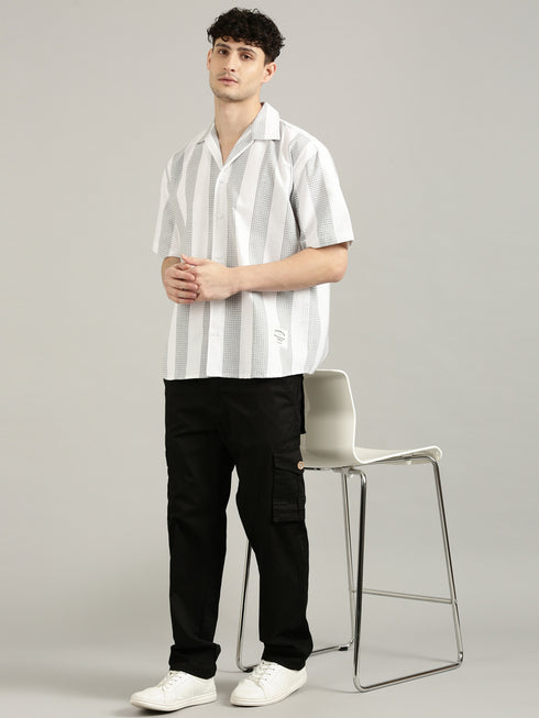 White&Grey Striped Short Sleeved Oversized Shirt