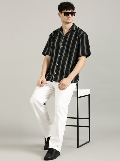 Black Striped Short Sleeved Oversized Resort Shirt