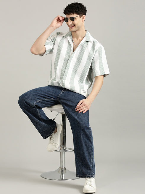 White&Green Striped Short Sleeved Oversized Shirt