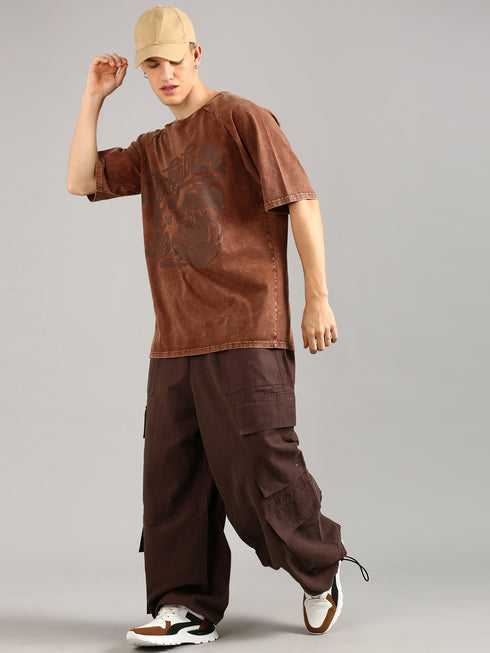 Brown Oversized Distressed Stone Washed Raglan T-shirt