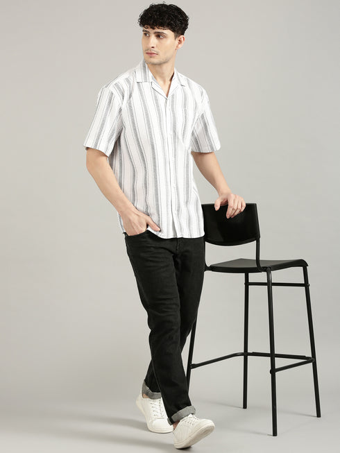 White Striped Short Sleeved Oversized Resort Shirt