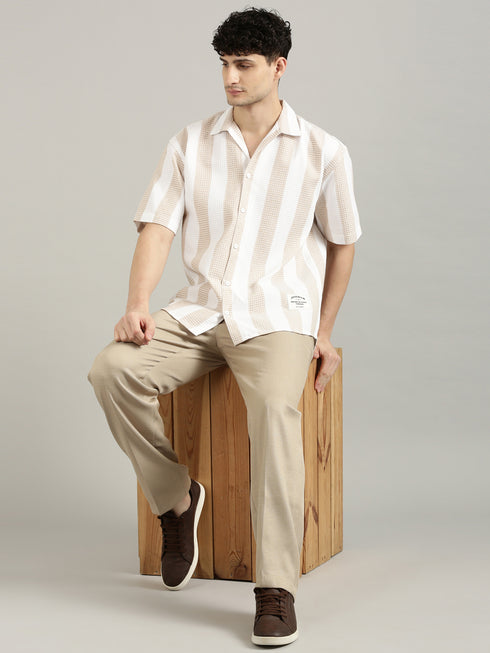 White&Beige Striped Short Sleeved Oversized Shirt