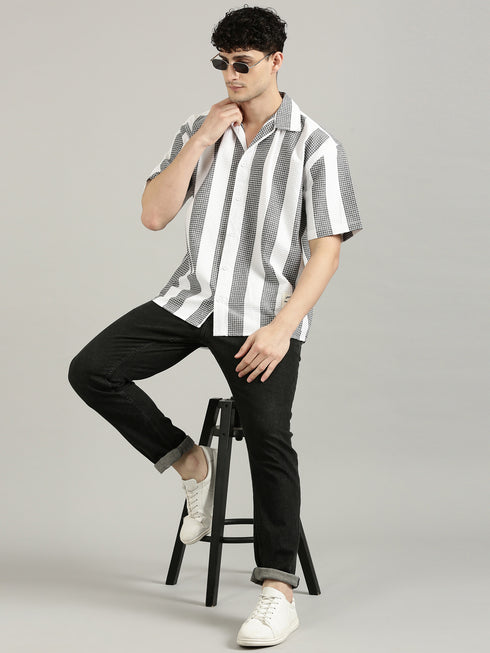 White&Black Striped Short Sleeved Oversized Shirt