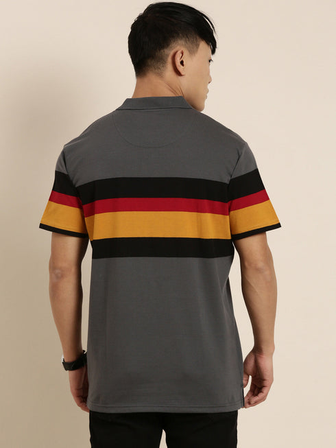 Dark Grey Striped Polo T-shirt