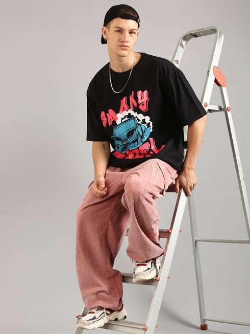 Black Oversized Glossy Printed T-shirt