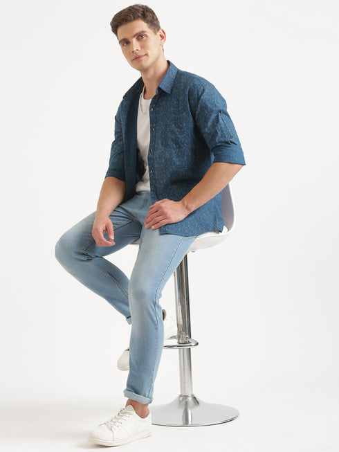 Teal Printed Long Sleeve Casual Shirt
