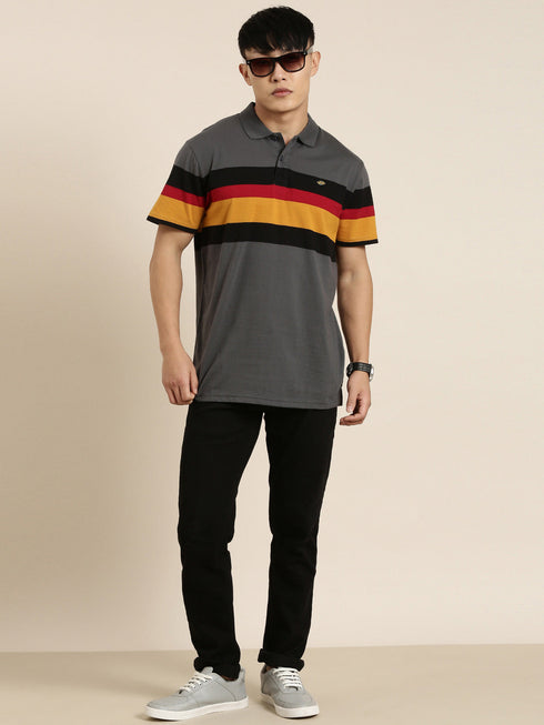 Dark Grey Striped Polo T-shirt