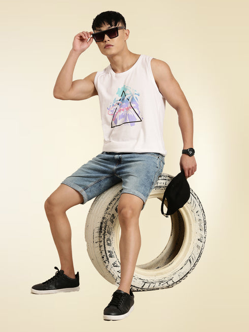 White Printed Crew Neck Tank Top