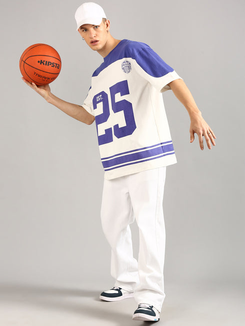White & Blue Oversized Printed Cut& Sew Baseball T-shirt