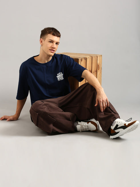 Navy Blue Cut&Sew Oversized Printed T-shirt