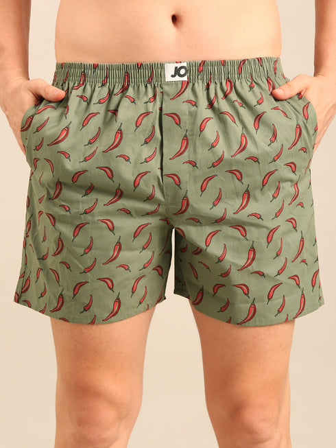 Green with Chilli Printed Cotton Boxers