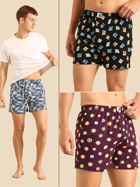 3 Pack Cotton Printed Multicolored Boxers