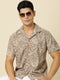 JOVEN Men Printed Casual Brown Oversized Half Sleeve Shirt