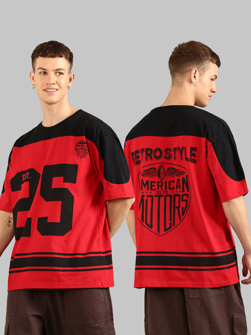 Red & Black Oversized Printed Cut& Sew Baseball T-shirt