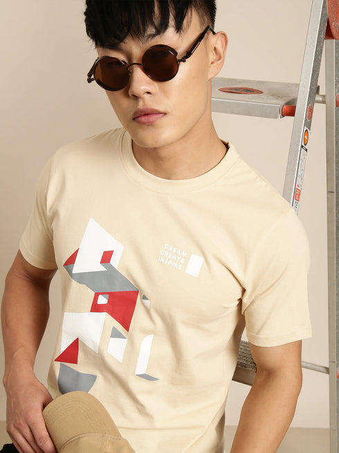 Beige Printed Crew Neck T-shirt
