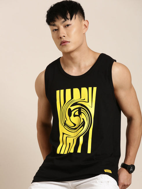 Black Printed Crew Neck Tank Top