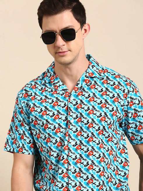 Blue Printed Short Sleeves Shirt