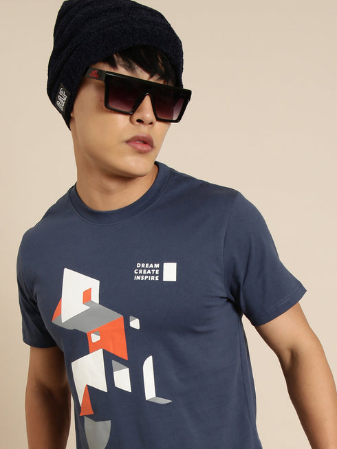 Navy Blue Printed Crew Neck Tshirt