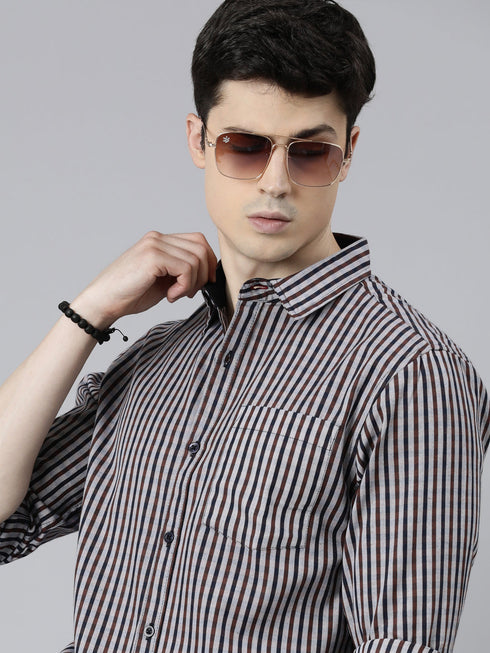 Grey Striped Full Sleeves Shirt