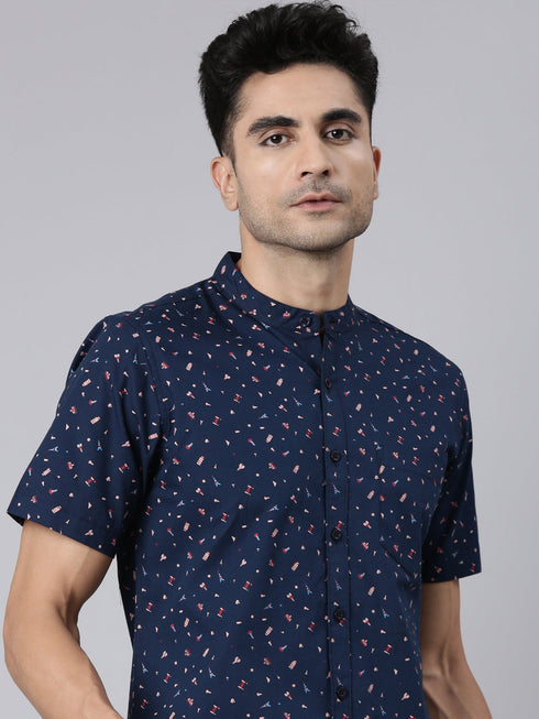 Navy Blue Printed Short Sleeves Shirt
