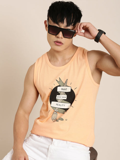 Orange Printed Crew Neck Tank Top