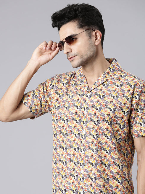 Beige Printed Short Sleeves Shirt