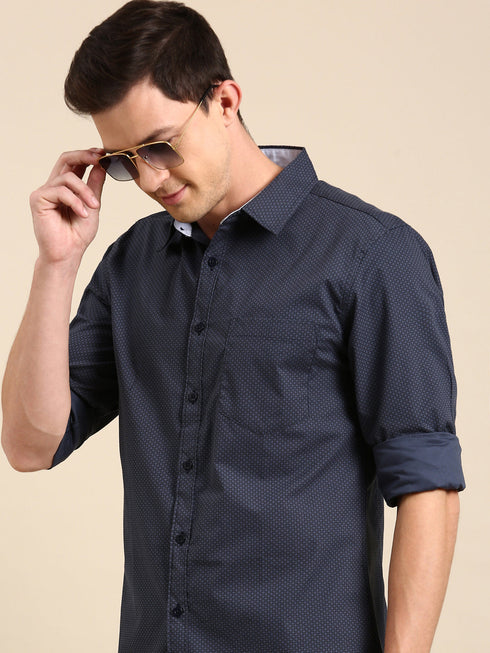 Navy Blue Printed Full Sleeves Shirt