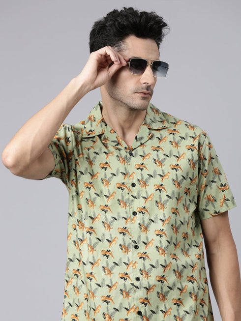 Green Printed Short Sleeves Shirt