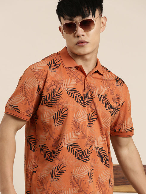 Orange Printed Polo T-shirt