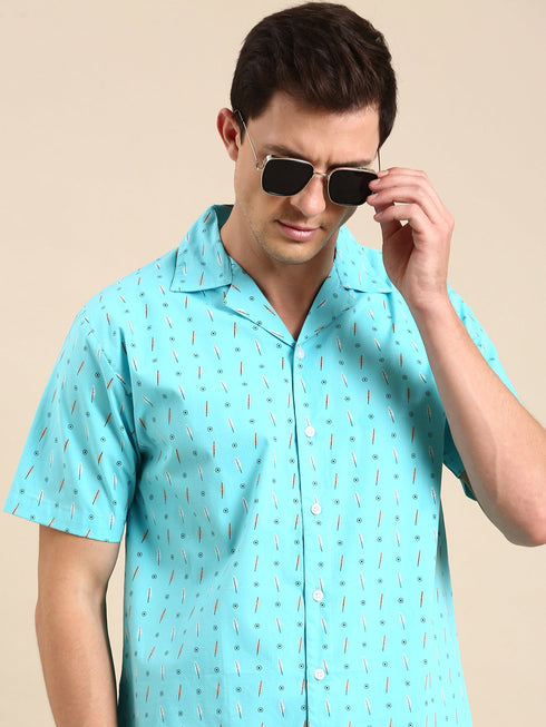 Sea Green Printed Short Sleeves Shirt