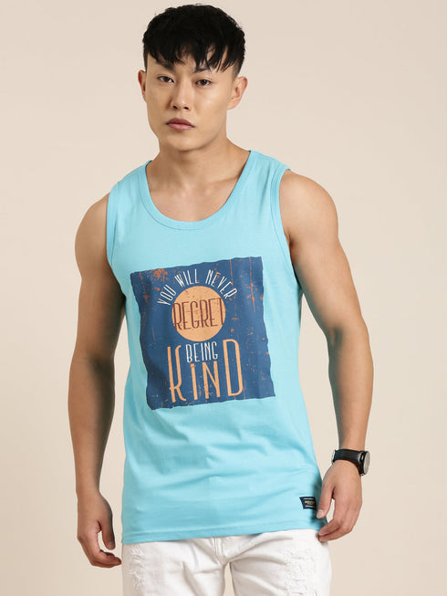 Sky Blue Printed Crew Neck Tank Top
