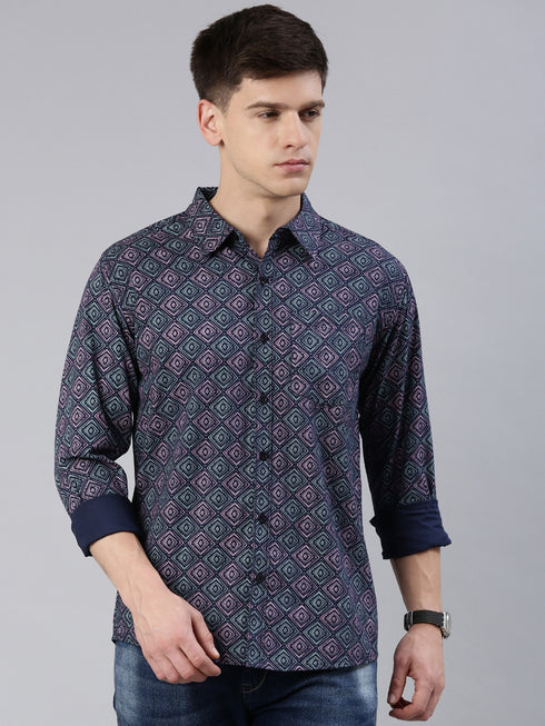 Navy Blue Printed Full Sleeves Shirt
