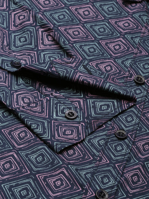 Navy Blue Printed Full Sleeves Shirt