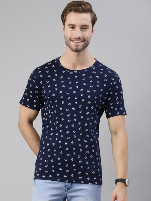 Navy Blue Printed Crew Neck Tshirt