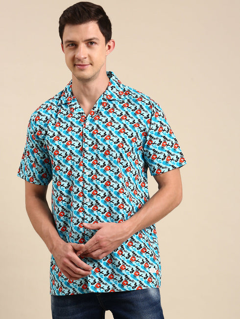Blue Printed Short Sleeves Shirt