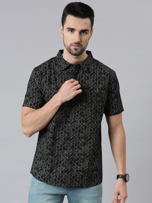 Joven Mens Slim Fit Printed Casual Shirt in Black Color