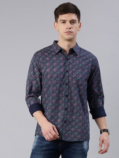 Navy Blue Printed Full Sleeves Shirt
