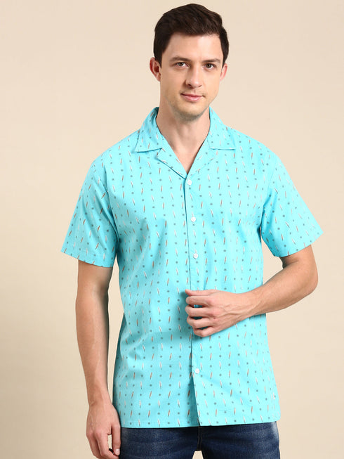 Sea Green Printed Short Sleeves Shirt