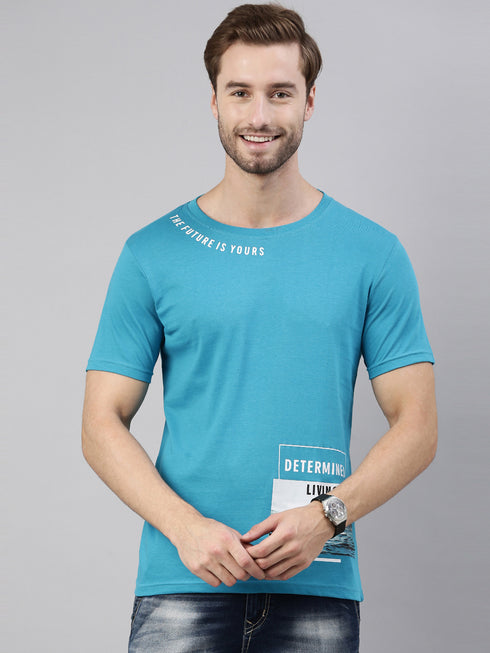 Blue Printed Crew Neck Tshirt