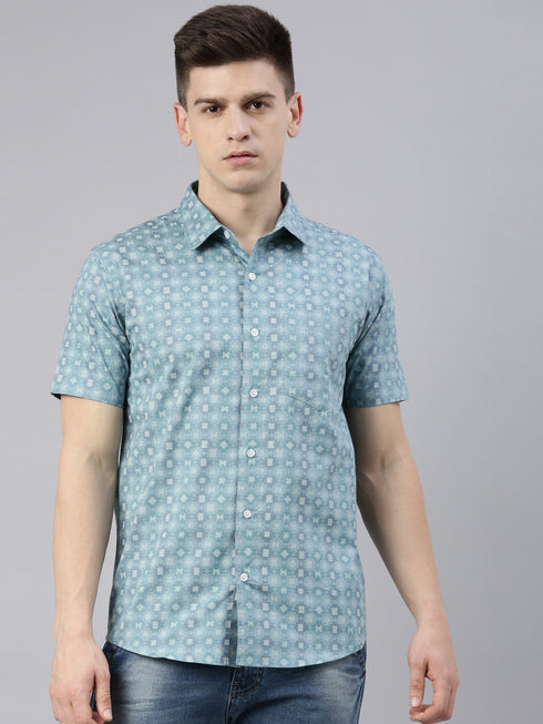 Blue Printed Short Sleeves Shirt