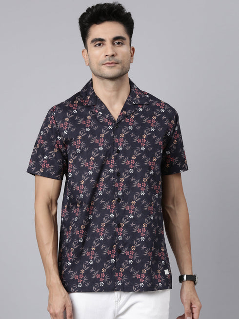Navy Blue Printed Short Sleeves Shirt