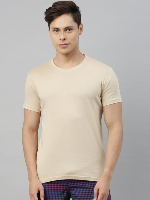 Beige solid Crew Neck T-shirt