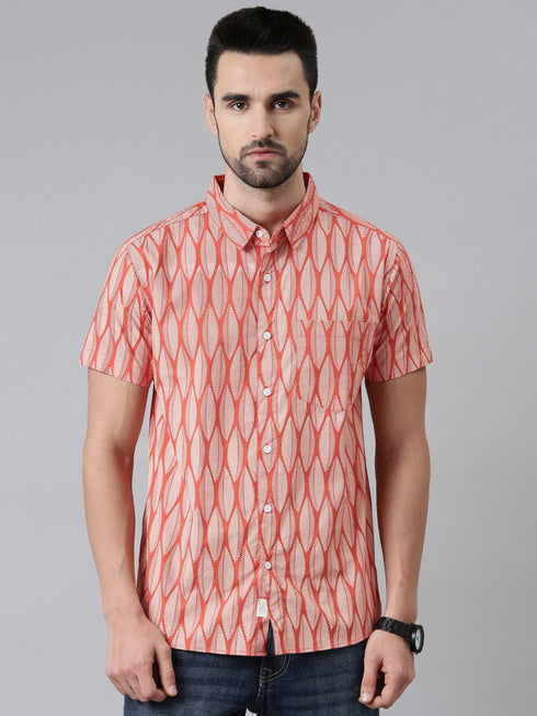 Joven Mens Slim Fit Printed Casual Shirt in Rust Orange