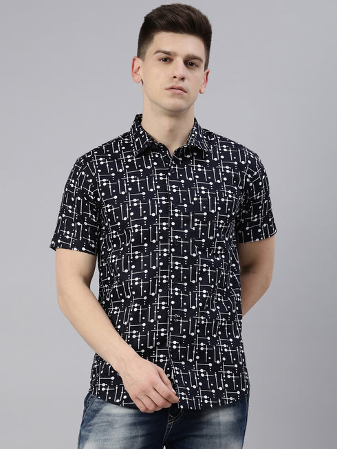 Navy Blue Printed Short Sleeves Shirt
