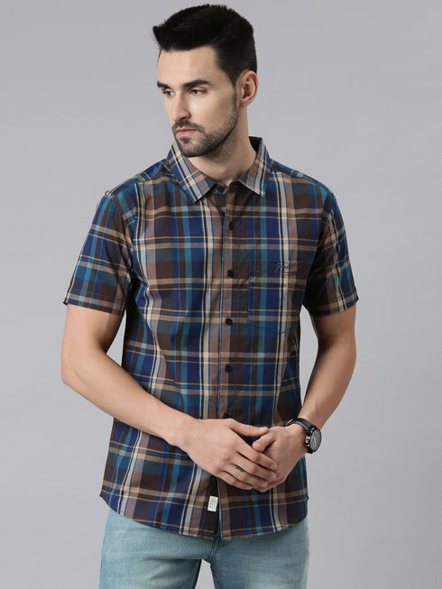 Olive Green Checks Short Sleeves Shirt