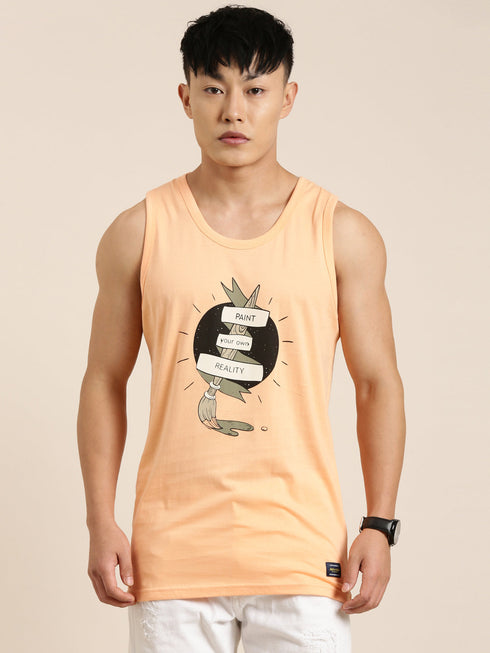 Orange Printed Crew Neck Tank Top